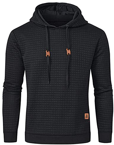 JustSun Herren Hoodie Kapuzenpullover Pullover Herren Karierter Jacquard Hooded Hoodie Schwarz XL