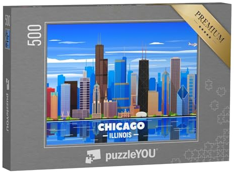 puzzleYOU: Puzzle 500 Teile „Skyline von Chicago auf einem Hintergrund“ – aus der Puzzle-Kollektion Chicago