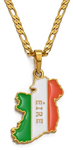 Getsona Ireland Map Flag Pendant Necklaces - Ethnic Hip Hop Country Maps Flag Necklace For Women/Men Charm Jewelry Clavicle Chain Sweater Chain Patriotic,Yellow,45Cm Chain