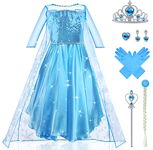 URAQT Kostüm Kinder Mädchen, 9-teiliges Set Kleid Kinder mit Krone Diadem Handschuhe Zauberstab für Weihnachten Verkleidung Karneval Halloween Geburtstag Party(150)