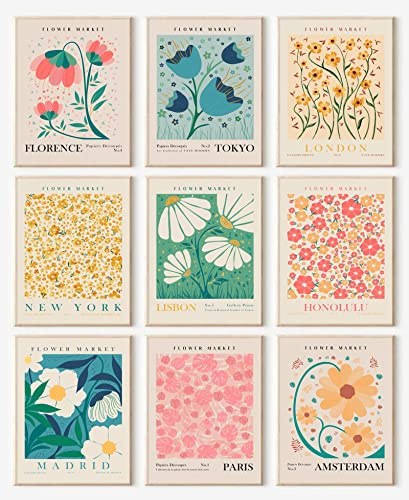 Blumenmarkt-Poster-Set, abstrakte Blumenmarkt-Wandkunstdrucke, Vintage, bunte Blumen-Wandkunst, minimalistische Stadt- und Blumenmalerei, Boho-Raumdekoration (6 Stück) 20.3X 25.4 cm, ungerahmt)