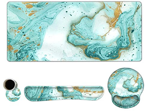 ARTSO Großes Mauspad Set, Ergonomische Tastatur Handgelenkauflage Unterstützung, Memory Foam Gel Extended Anti-Rutsch Schreibtisch Blotter Pad für Büro Zuhause Blaugrün Türkis Marmor