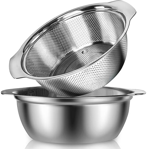 POJORY Scolapasta con manico in acciaio inox 304, microperforato, con ciotola, senza BPA, ideale per scolare pasta cotta, tagliatelle, verdure, frutta e riso (2 pezzi)