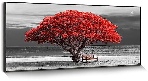 hyidecorart Cadre Noir Tableau Decoration Murale Salon Moderne Grand, Tableaux Arbre De Vie Rouge, Nature Bord De Mer Paysage Impression Sur Toile, Decoration Murale Salle De Bain (50×100cm - 1 pièce)
