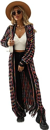 HEYPORK Damen Herbst Winter Warm Bequem Jacke Casual Mode übergangsjacke Mantel Frauen Quaste Lange Strickjacke Pullover Mantel(Lila, 3XL)