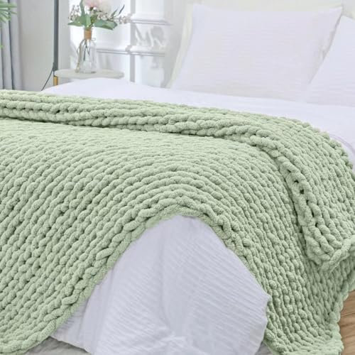 Bigacogo Chunky Knit Throw Blanket for Couch, 40x40 inches, 100% Hand Knitted with Thick Jumbo Chenille Yarn, Cozy Soft Large Rope Knot Cable Crochet Blankets for Sofa Bed Living Room, Sage Green