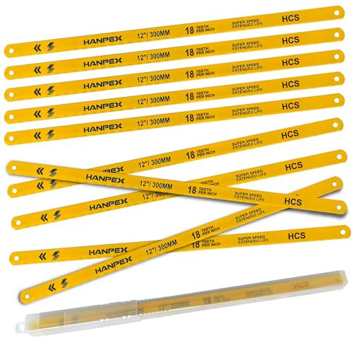 Hanpex Hacksaw Replacement Blades (10 Pack) High Speed 18 TPI - 12 Length Hack Saw Blade - High Carbon Steel (HCS) Cutting Blades