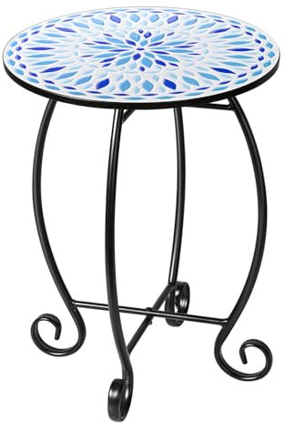 The Home Cult 35,6 cm Outdoor-Beistelltisch, runder Beistelltisch, einzigartige Relief-Keramikfliesen-Tischplatte mit Metallrahmen, Couchtisch, Nachttisch für Wohnzimmer, Schlafzimmer