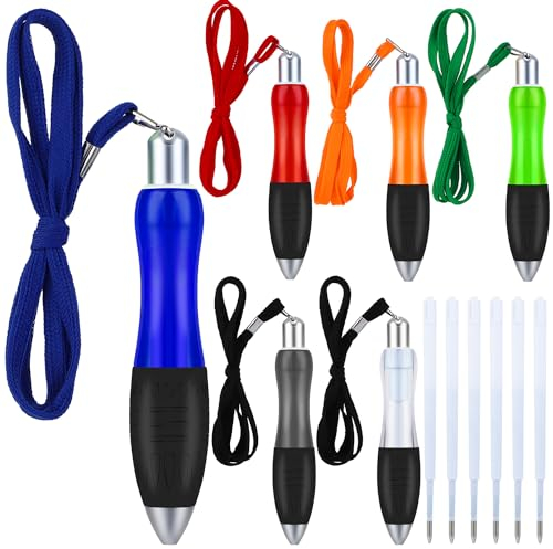 Zuimei 6-Pc Wide Grip Weighted Ballpoint Pens with Refills - Big Fat Body Lanyard for Adults, Women, Men with Tremors - Black Ink