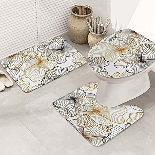 Badezimmermatte, dreiteiliges Set saugfähiger und rutschfester Bodenmatten,Florales Handmuster Schwarz Natur Abstrakt Herstellung Gekritzel Zeichnung Elegante Blum,verwendet für Badezimmer und Duschen