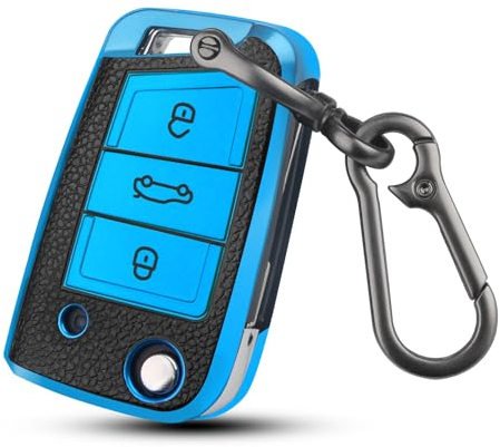 QBUC Dermatoglyph Schlüsselhülle Passend für Volkswagen, DREI-Knopf-Autoschlüsselkasten, Auto Kratzfestes Schlüsseletui, Passend für Schlüsseletuis von Volkswagen Polo, Skoda, Tiguan (D-Blau)
