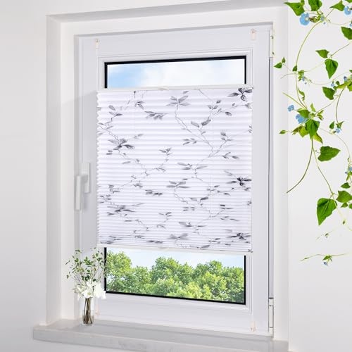Grandekor Plissee ohne Bohren mit Muster Weiß-Motiv 50x130cm, plissees klemmfix Sichtschutz und Sonnenschutz Blickdicht Faltrollo Lichtdurchlässig Rollos für Fenster ohne Bohren