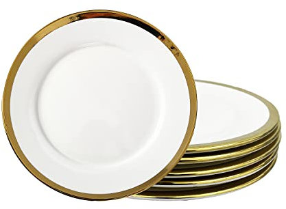 Loymokinar Lot de 6 assiettes plates rondes en céramique blanche avec bordure dorée, pour pain, salade, collation et amuse-gueule, assiettes à dessert élégantes en céramique de 25,4 cm