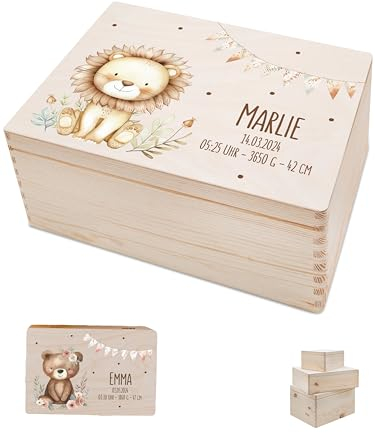 Bärenfreunde - Personalisierte Erinnerungsbox Baby mit Spezial-Druck - Individuelle Baby Erinnerungsbox - Erinnerungskiste aus Holz - Geschenk zur Geburt (M | Klappdeckel,Löwe Zweige Girlande)