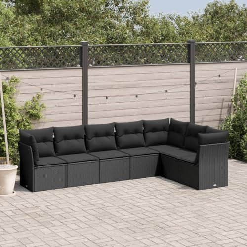 CFODOJ 7-teiliges Garten Gartenmöbel Set mit Kissen, schwarzes Poly-Rattan, schön