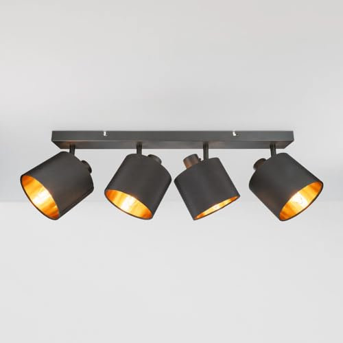 HOFTRONIC - LED-Deckenstrahler Jimmy - Stoffschirm - 4 Flammig - Neigbar - Schwenkbar - Mattschwarz - E14 Fassung (ohne Leuchenmittel) - IP20 - Schwarz - Gold - Küche, Schlafzimmer, Wohnzimmer