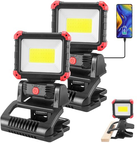 Tresda LED Rechargeable Work Light with Clamp, 2Pack 2100LM COB Magnetic Work Light with 3 Light Modes, 270° & 180° Rotation, Waterproof, Perfect for BBQ, Jobsite, Workshop, Car Repairing