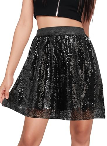 BALAYSIER Pailletten Rock Damen Elastischer Bund Glitzer Rock mit gefüttert Halloween Bühnenkleid(Schwarz, S)