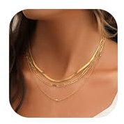 JeweBella 3 PCS Halskette Damen Edelstahl Kette Gold Damen 14K Vergoldet Flache Schlangenkette Figarokette Verstellbare Mehrreihige Kette Set Gold Layering Halskette Wasserfest Choker Kette Schmuck