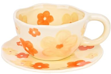 Koythin Ceramic Coffee Mug with Saucer, Cute Flower Cup for Office and Home, 8.5 oz/250 ml for Latte Tea Milk, Fruit Mugs Suitable for Mom on Mother's Day (Orange Flower)