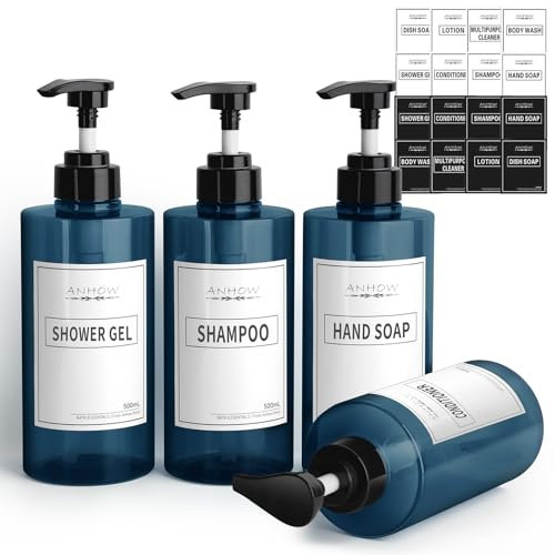 Anhow 4er 500ml Seifenspender Set, Seifenspender Leere Duschgel Spender mit 16er Kategorie Etikett für Dusche/Küche/Badezimmer - Blau