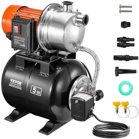 VEVOR Pompa per Pozzi Poco Profondi da 1176 W, 5600 L/H, Pompa Aumento Pressione Automatica per Irrigazione con Serbatoio di Pressione 19 L, Pressostato, Testa della Pompa in Acciaio Inox per Prato