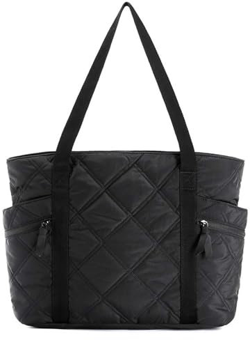 Gesteppte Handtasche Schwarz, Puffer Tasche Damen, Shopper Damen Groß, Laptop Tragetasche, Henkeltasche Schultertasche mit Reißverschluss für Büro Schule Gym Strand Einkaufen Reisen