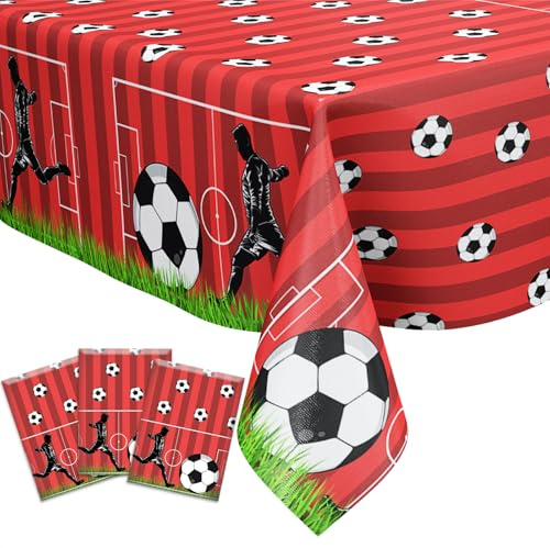 Funmemoir Fußball-Tischdecke, rot, Fußball-Party-Dekorationen, Tischdecke, Einweg-Tischdecke, rechteckig, 130 x 274 cm, für Fußballveranstaltungen, Fußball-Themen, Geburtstagsdekorationen, 3 Stück