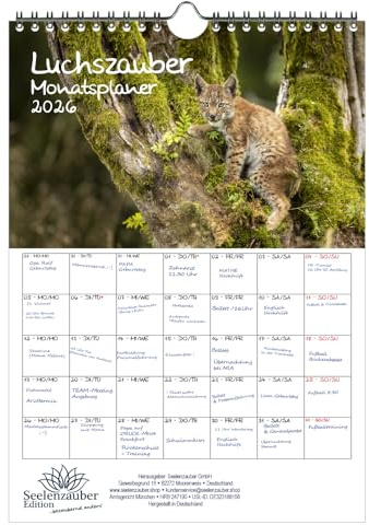 Luchszauber Planer DIN A4 Kalender für 2026 Luchs - Geschenkset Inhalt: 1x Kalender, 1x Weihnachtsanhänger (insgesamt 2 Teile)