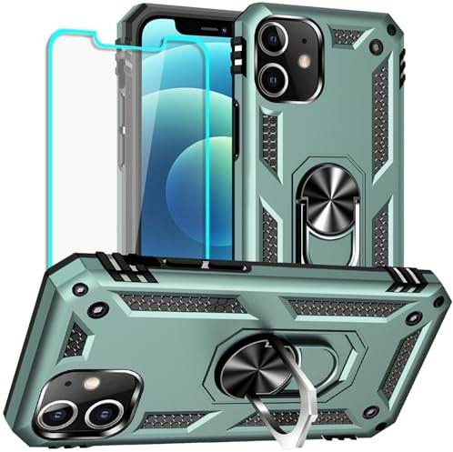 Yiakeng for iPhone 12 Mini Case with Screen Protector: Military Grade Protective Cases with Ring Holder Kickstand for - iPhone 12 Mini (Dark Green)