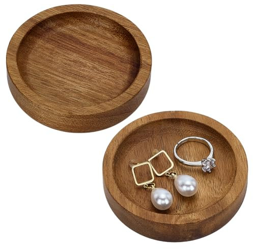 FINGERINSPIRE 2PCS Acacia Wood Ring Trays 70mm Diameter Flat Round Wood Jewelry Plates Camel Color Wooden Trinket Dish Tray for Rings Necklaces Earring Jewelry Keys Small Items Display Storage