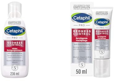 Cetaphil PRO RednessControl Bundle, Milder Reinigungsschaum 236ml & Beruhigende Nachtpflege 50ml, Für zu Rötungen neigende Haut, Sanfte Reinigung & Beruhigende Pflege, Seifenfrei, Ohne Duftstoffe