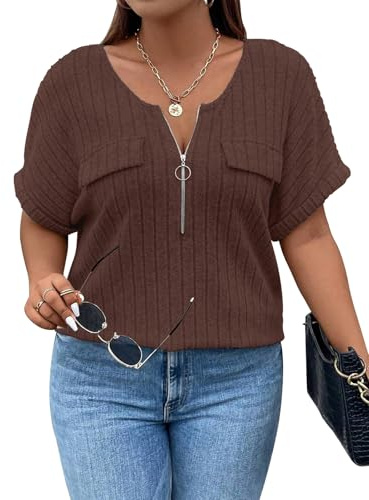 Gemulate Womens Tops Plus Size Blue Short Sleeve Tunic Fashion Clothes V Neck Zipper Plus Size Ladies Tops Casual Summer Spring Clothes Oversized T Shirts Brown XX-Large