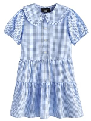 NEXT Mädchen Standard Gestuftes Kleid mit Vichykaros + hübschem Kragen Blau 128