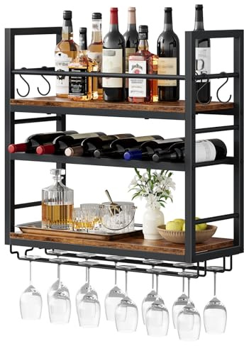 HOOBRO 3-Tier Wall Mount Wine Rack, Wooden Metal Bottle Display Shelf with 2-Row Glass Holder and 4 Hooks, Multi-Purpose Rack for Home Bar, Kitchen, Living Room, Rustic Brown and Black EBF60JJ01