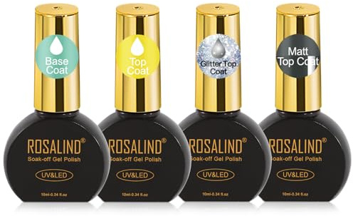 ROSALIND Base Coat Top Coat UV Nagellack Set 4 Stück 10ml | Gel Nagellack Base Coat und Glänzend Glitzer Matte Top Coat Set, UV LED Unterlack Überlack für Gelnägel Nail Art Maniküre Set