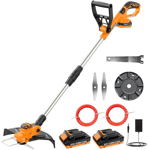 JYGMPRO 21V Coupe Bordure sans Fil, Débroussailleuse à Batterie Brushless avec 2 Batteries 2.0Ah, 2 Lames, 2 Bobines (5m), Poignée Réglable, Tube Télescopique, Tête Pivotante 90°pour Jardin Élagage