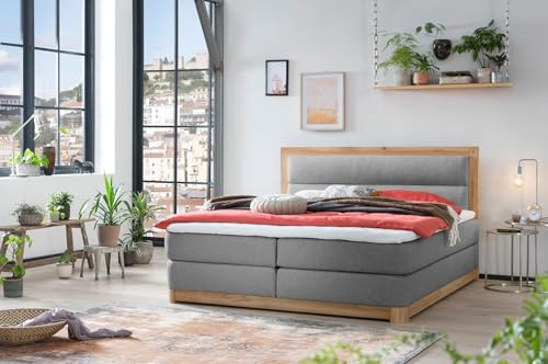 Belanoti Age Boxspringbett 140x200 Eiche 7-Zonen Taschenfederkern Matratze inkl Visco Topper Bett 140x200 in der Farbe Grau H2/H3 Polsterbett Hotelbett mit Massivholz Eiche Massivholzbett
