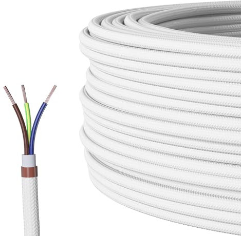 Textilkabel für Lampe, Stoffkabel 3-adrig (3x0,75mm²), Weiß - 10 Meter