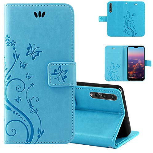 betterfon Hülle Kompatibel mit Huawei P20 Pro | Premium PU Leder Handyhülle Wallet Case für P20 Pro | Schutzhülle Blumen Klapphülle Handyhülle | Blau