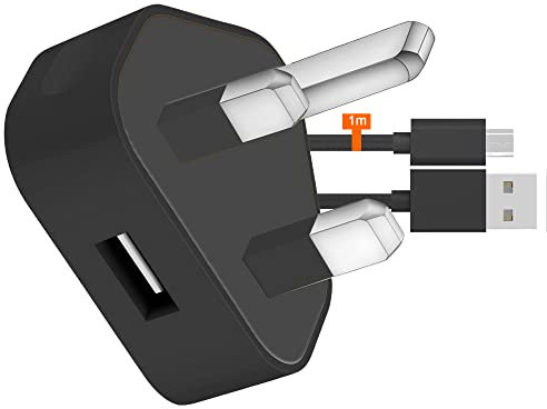 IWIO 3 Pin UK USB Mains Charger Adapter 1000 mAh / 1 AMPwith USB 2.0 Micro USB Sync and Charge Cable 1 Meter compatible with Amazon Fire HD 8 8 Inch - BLACK