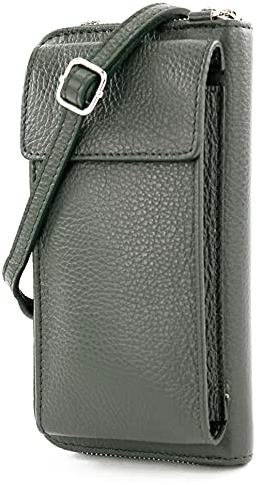 modamoda de P06 Damen Leder Umhängetasche Geldbörse Handytasche 6,5 Zoll handmade in Italy, Farbe:Schwarzgrün