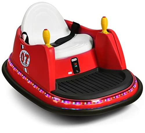 COSTWAY Kids Bumper Car, 360-Degree Rotation Spin Children’s Waltzer Cars with Joystick, Remote Control, Colorful Flashing Lights and Music, Battery Powered Ride on Toy for Boys Girls (Red)