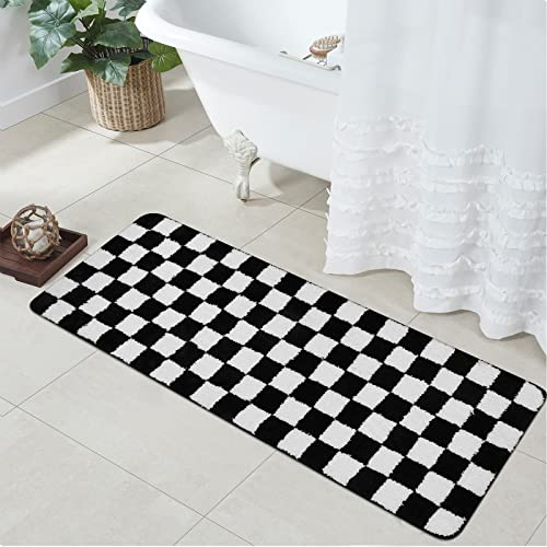 Uphome Badezimmerläufer, Teppich in Schwarz und Weiß kariert, lang, rutschfest, wasserabsorbierend, Badematte, weiche Mikrofaser, Bodenmatten für Badewanne und Dusche, 45.7x119.4 cm