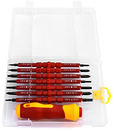 QWORK® Set Tournevis Isolé 14 en 1, Tournevis Isolants Interchangeable avec Poignée Caoutchoutée pour Réparation d'Électricien