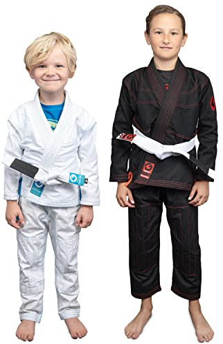 Gold BJJ Kids Jiu Jitsu Gi (White Belt Included) - Aeroweave Lightweight Youth Uniform for Boys and Girls (White, K1)