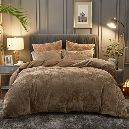 PHF Samt Bettwäsche 200x200, Luxus Flauschig Bettwäsche 200x200 cm mit 2er Kissenbezüge 80x80 cm, Kuschel Velvet Bettbezüge, Khaki