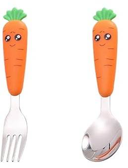 2 Piezas Cubiertos Bebe,Cubertería Infantil para niños de Acero Inoxidable,Cubiertos Infantiles Acero Inoxidable con Tenedores Niños,Cucharas Infantiles (Zanahoria)