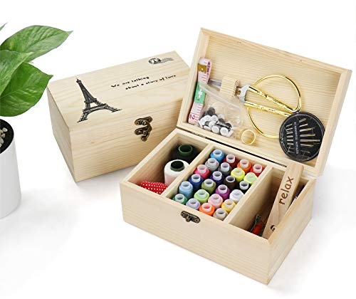 Joyeee Holz Nähset - Premium Nähanzugbox mit kompletten Nähzubehör für Ausbessern von Kleidung, DIY Hobby Haushalt Nähwerkzeuge für Oma Mutter Mädchen Anfänger, Tragbare für Reise und Notfall#1