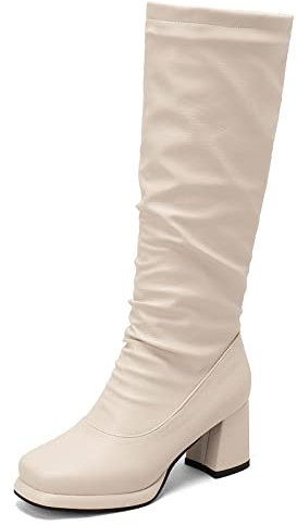 Bviennic Donna Punta Rotonda Vintage Stivali Arricciati Plateau Inverno Tacco Alto A Blocco Inverno Moda Stivali Alti Senza Chiusura Beige Numero 33 Eu